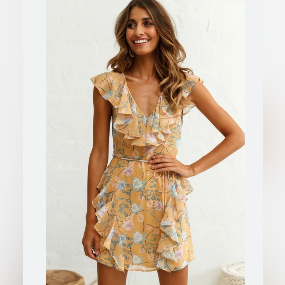 Angel Biba Mustard Mini floral frill dress